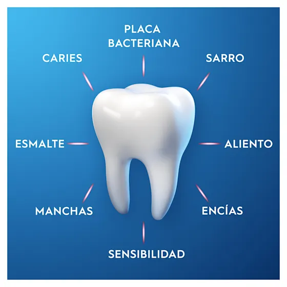Diente blanco rodeado de etiquetas que indican placa bacteriana, sarro, caries, esmalte, manchas, sensibilidad, aliento y encías.