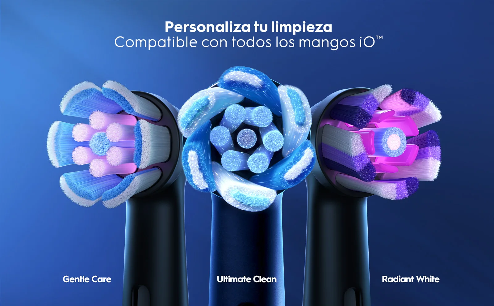 Tres cabezales de cepillo dental iO™ - Gentle Care, Ultimate Clean y Radiant White.
