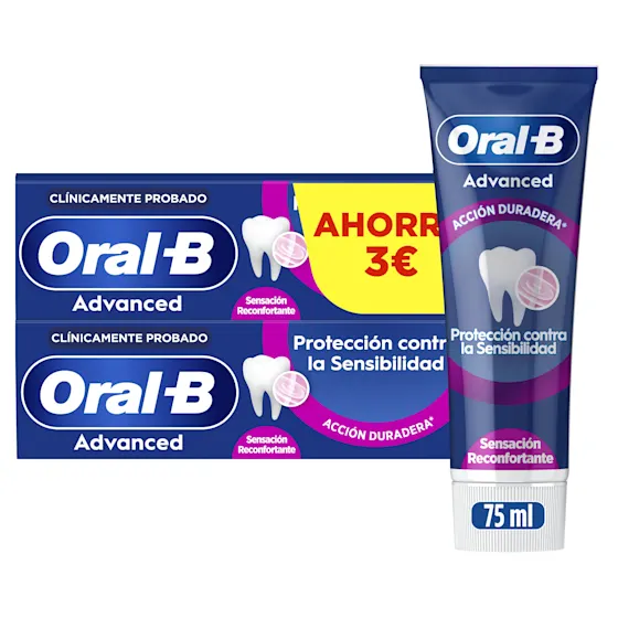 Oral-B Advanced, mostrando el tubo y el empaque con la promoción de ahorro de 3€.