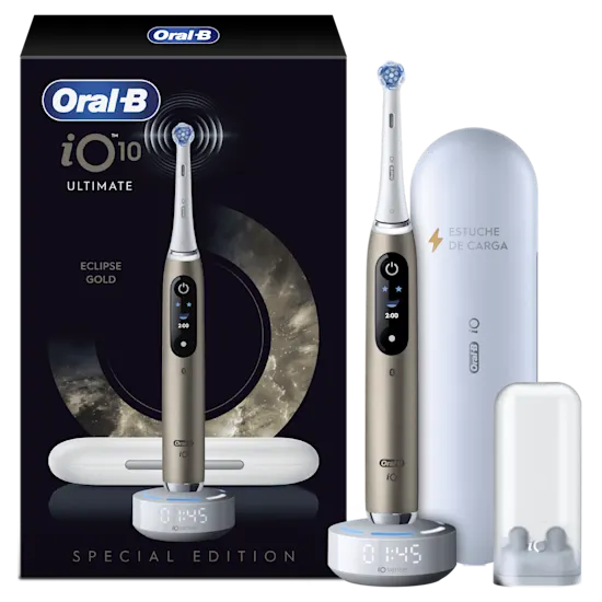 Oral-B iO 10 Ultimate Eclipse Gold, edición especial, con estuche de carga y base de carga iO Sense.