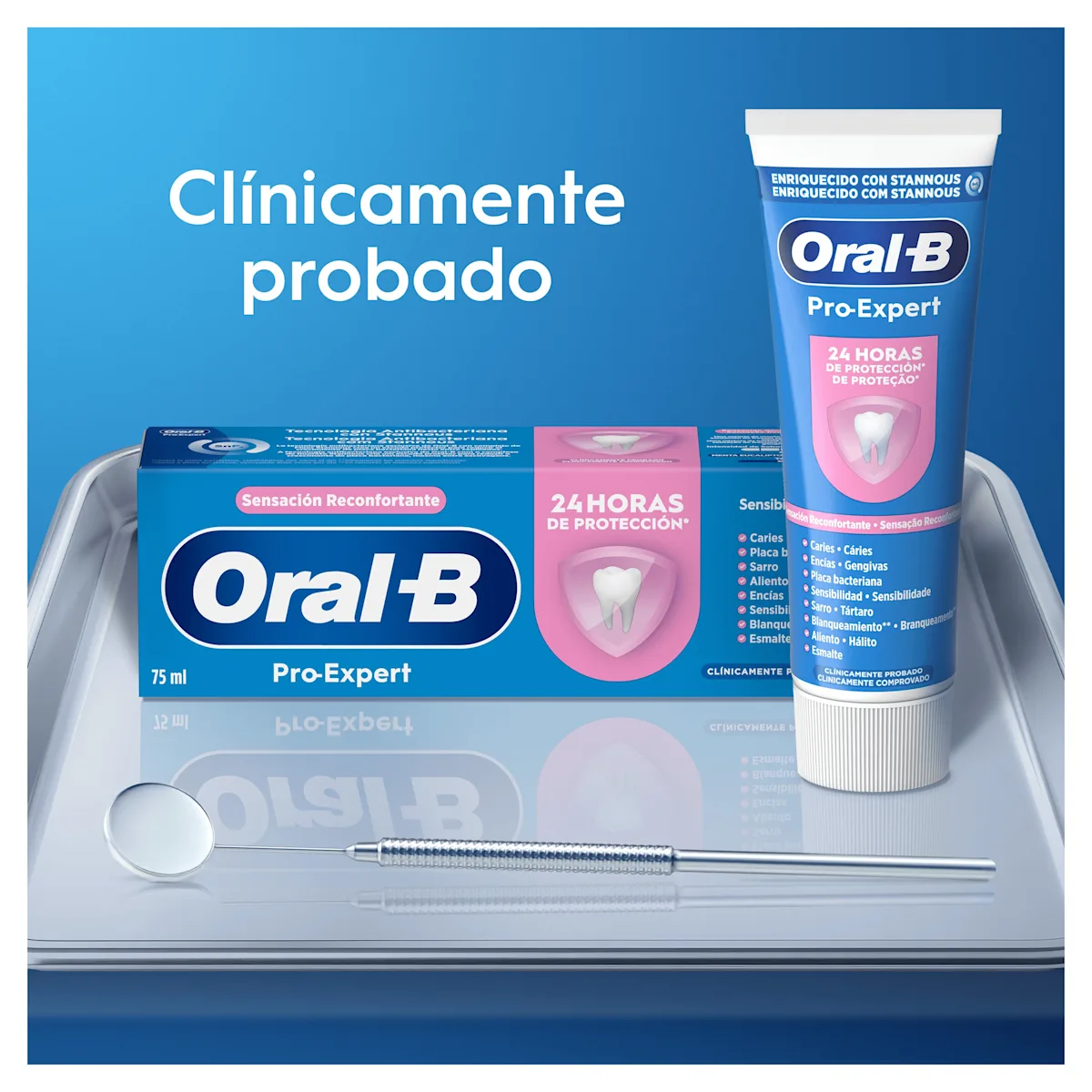 Pasta de dientes Oral-B Pro-Expert con protección de 24 horas, clínicamente probada, junto a un espejo dental.