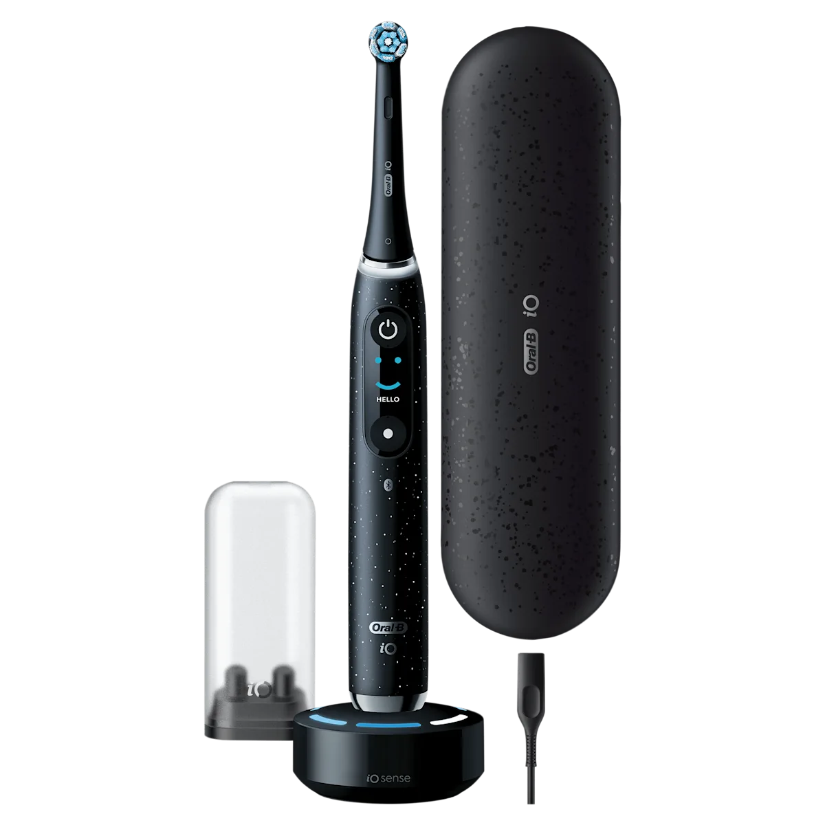Vista frontal de un cepillo de dientes eléctrico Oral-B iO10 Ultimate de color negro con un cabezal redondo que brilla con luz azul. El cepillo se encuentra sobre un cargador de color negro con un reloj que marca 02:00 y la palabra iO sense.