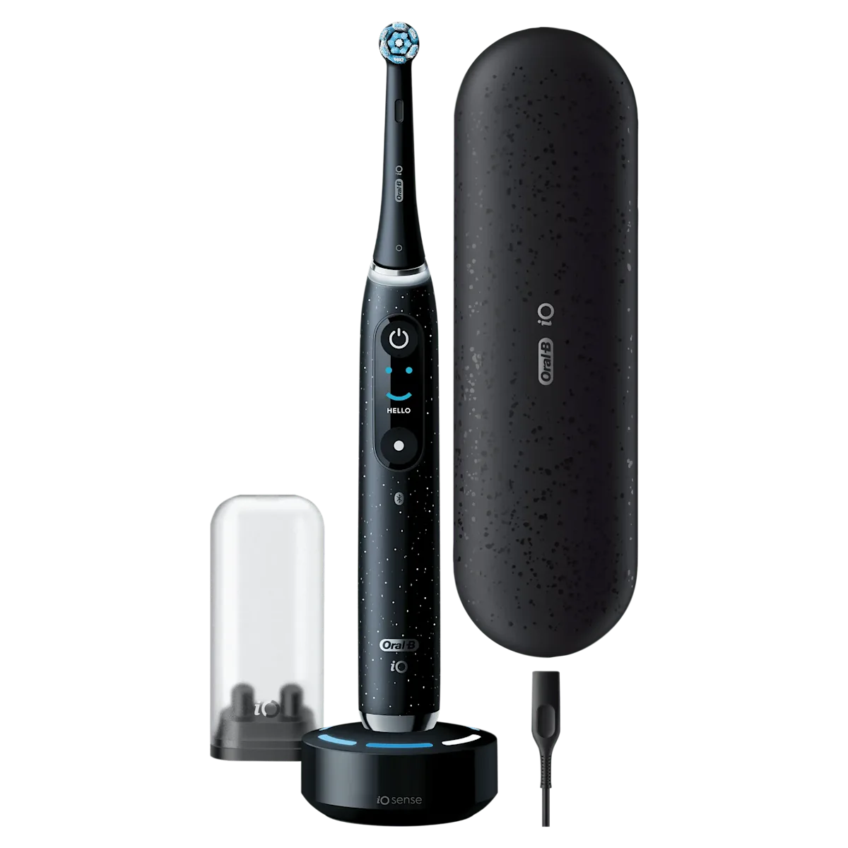 Vista frontal de un cepillo de dientes eléctrico Oral-B iO10 Ultimate de color negro con un cabezal redondo que brilla con luz azul. El cepillo se encuentra sobre un cargador de color negro con un reloj que marca 02:00 y la palabra iO sense.