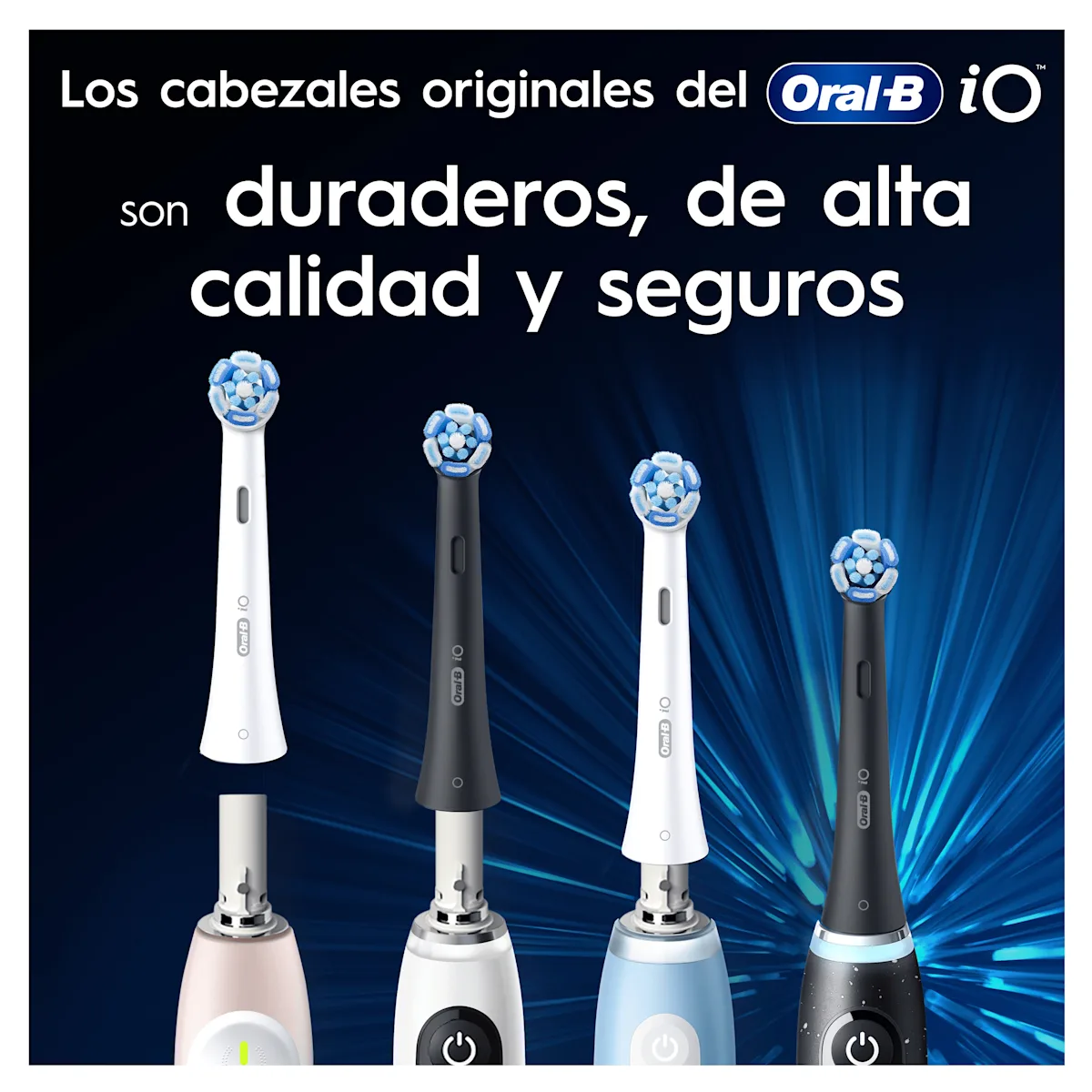 Cabezales originales Oral-B iO mostrados con cepillos de dientes, resaltando su durabilidad, alta calidad y seguridad.