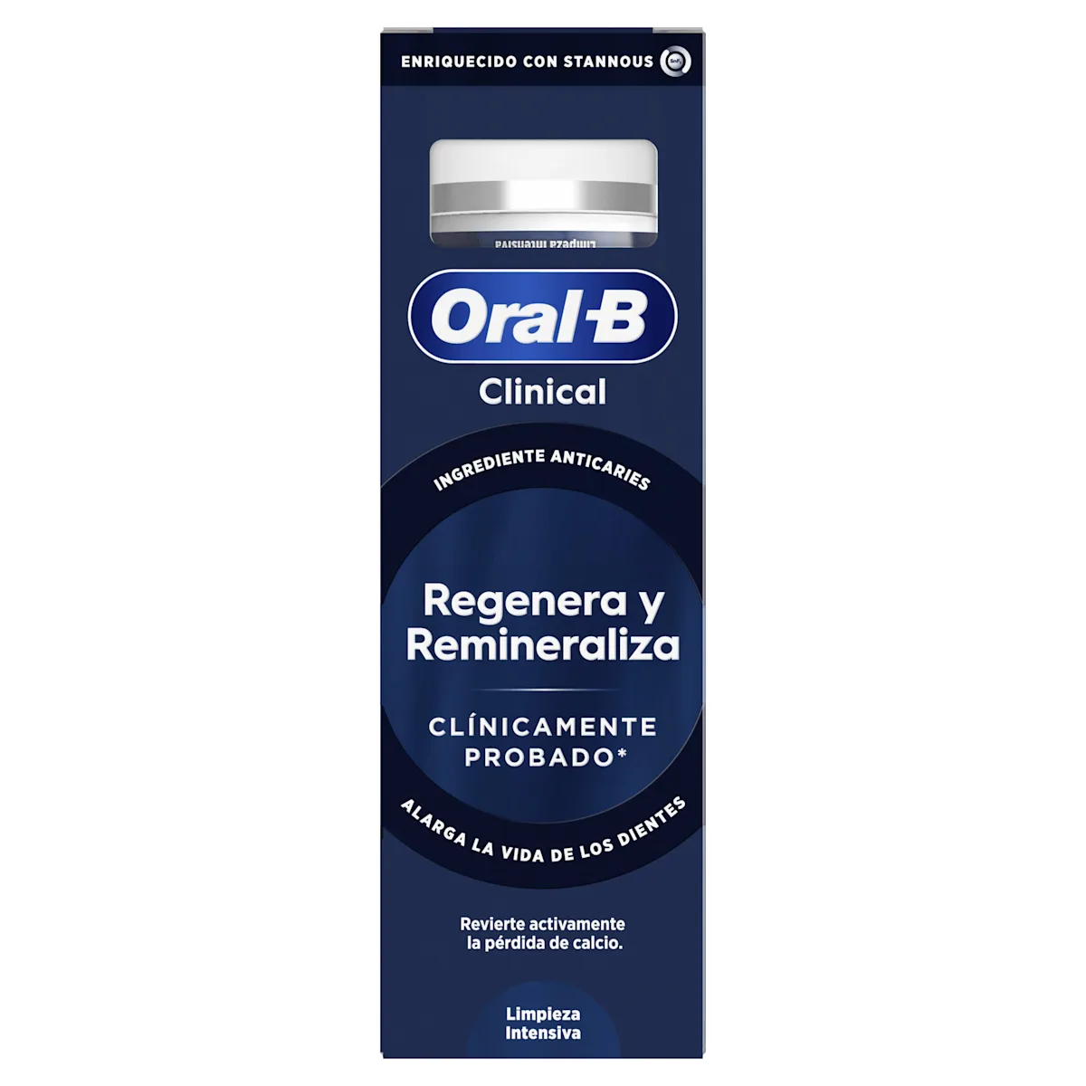 Oral-B Clinical pasta de dientes en su empaque, destacando que "Regenera y Remineraliza" y es "Clínicamente Probado".