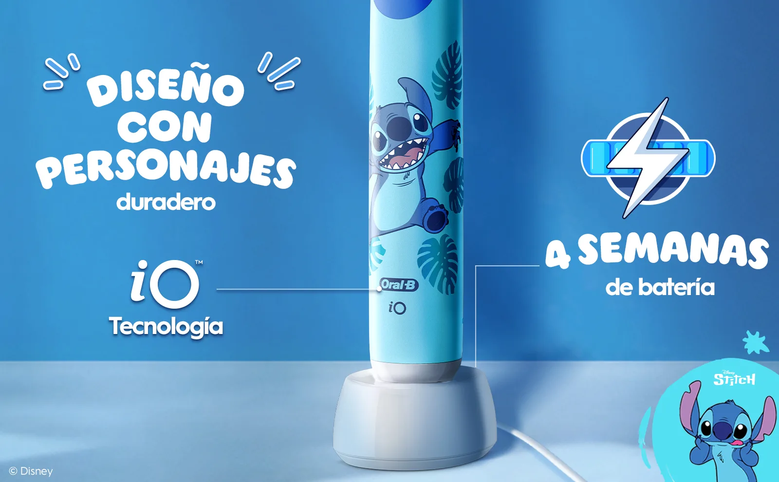 Parte inferior del mango con tecnología iO, Stitch y cargador con batería de 4 semanas de autonomía.