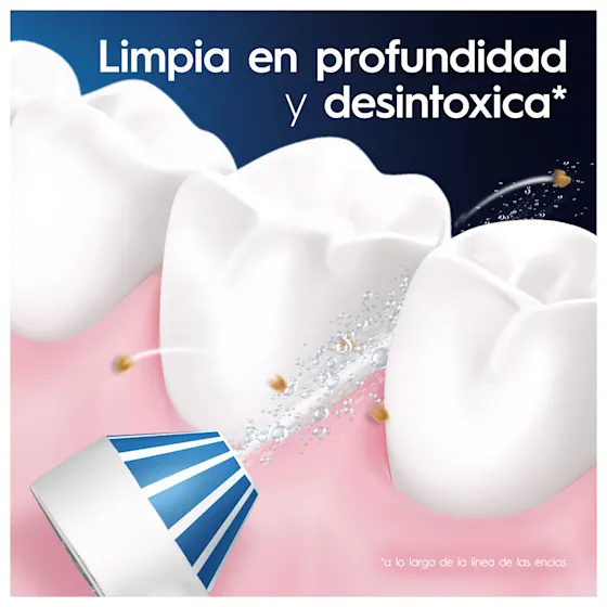 Oral-B elimina la suciedad y desintoxica los dientes a lo largo de la línea de las encías, mostrando una limpieza profunda.;