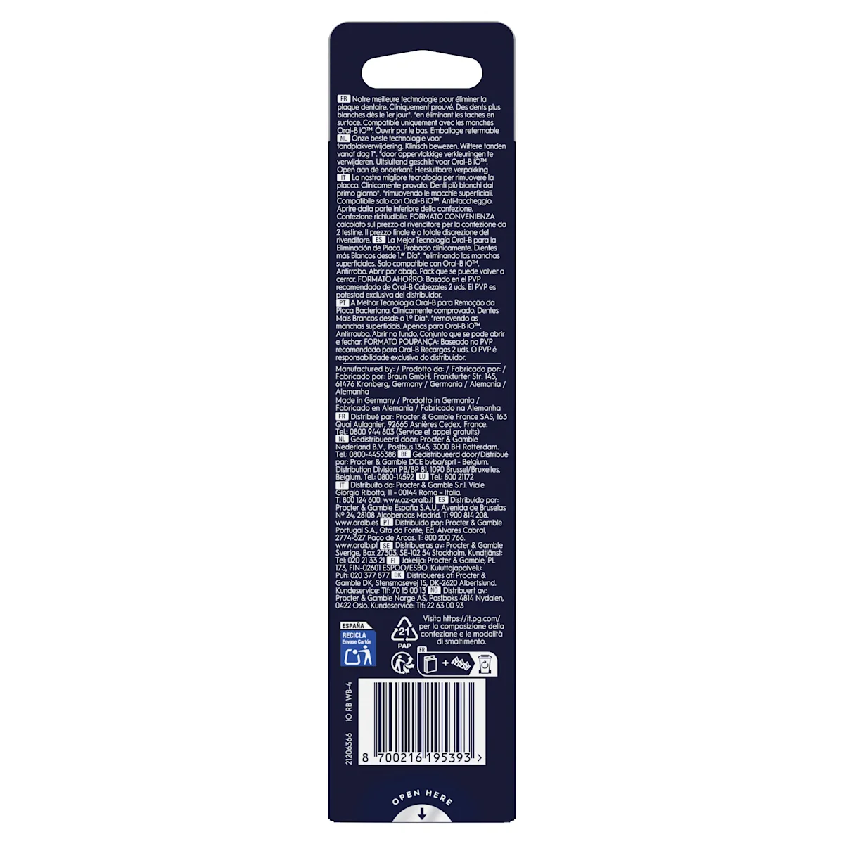 Oral-B iO cabezales de recambio Radiant White, paquete de 4 unidades, para un blanqueamiento dental radiante.