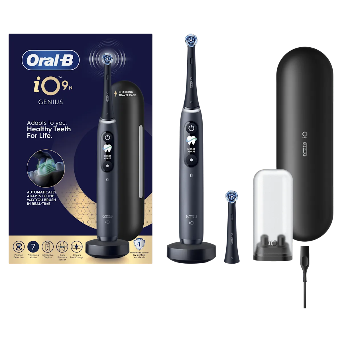 Cepillo de dientes eléctrico iO9 Negro con 2 cabezales y estuche de carga de viaje y carga rápida