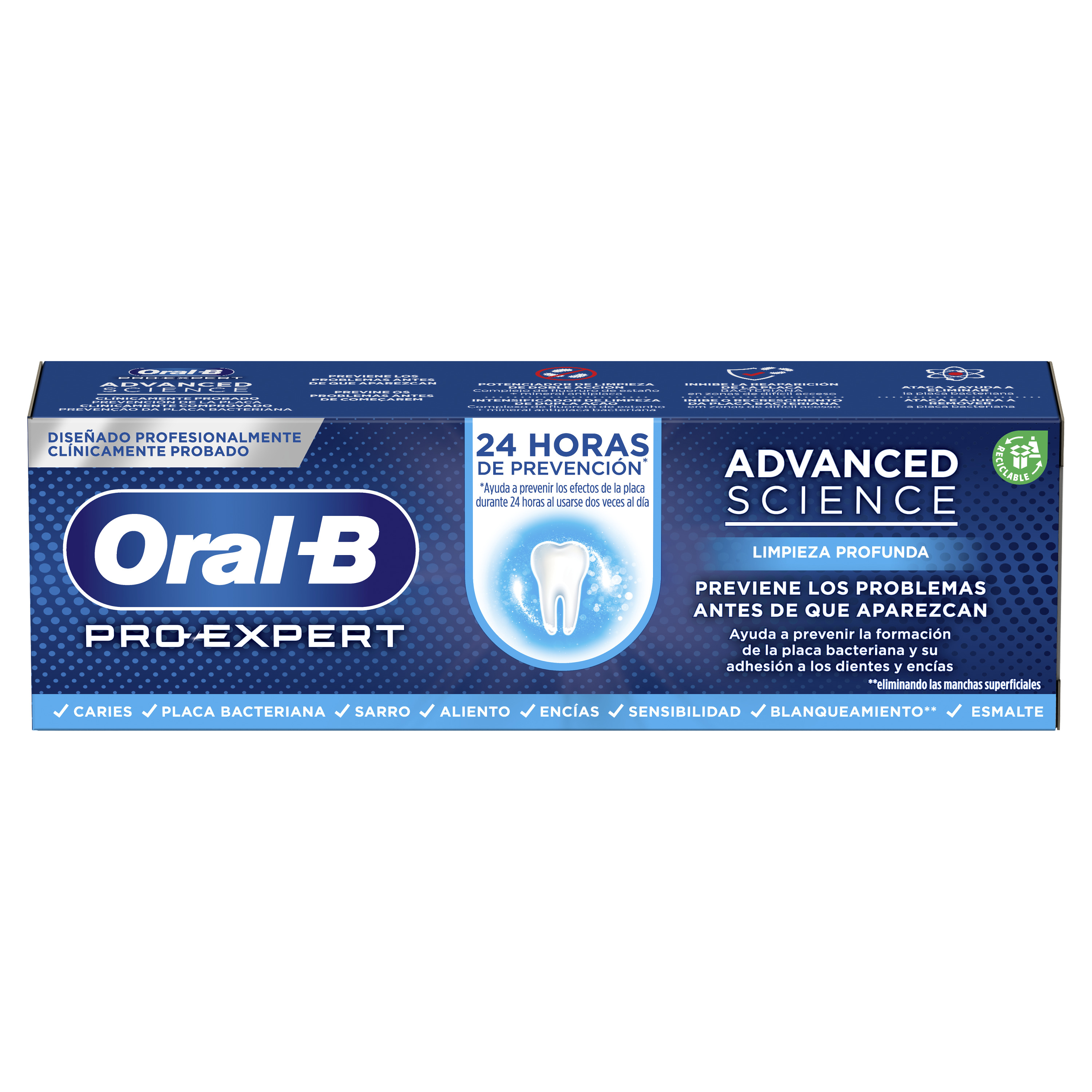Oral-B Pro-Expert Advanced Science Limpieza Profunda, diseñada profesionalmente con dentistas y probada clínicamente, previene los efectos de la placa bacteriana durante 24 horas al usarse 2 veces al día, así como su adhesión a los dientes y encías.
