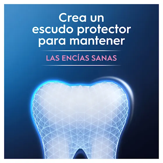 Oral-B crea un escudo protector alrededor del diente, promoviendo encías sanas, como se indica en el texto superpuesto.