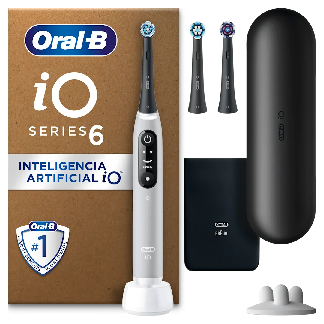 Cepillo de dientes Oral-B iO6 y su packaging, resaltando la app que guía tu cepillado para cobertura 360°.