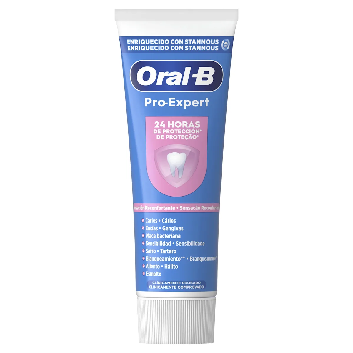 Oral-B pasta dentífrica para adultos, contiene fluoruro estañoso (1100 ppm de fluoruro) y fluoruro de sodio (350 ppm de fluoruro). Incluye información regulatoria en la que se ven iconos de reciclaje, lugar de fabricación, dirección del distribuidor