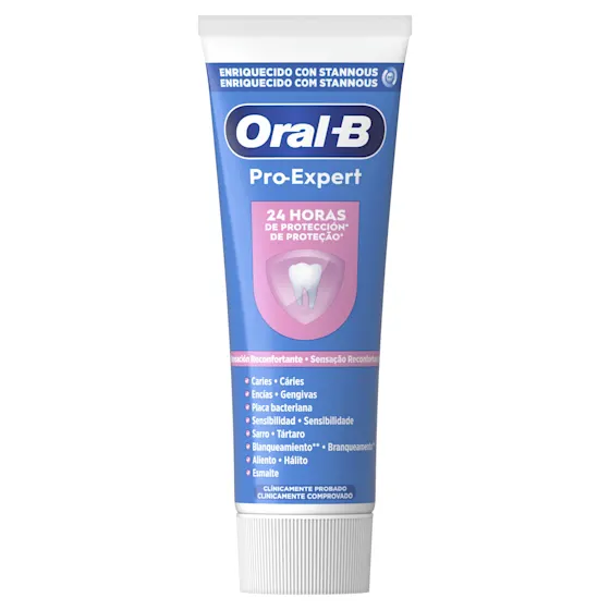 Oral-B pasta dentífrica para adultos, contiene fluoruro estañoso (1100 ppm de fluoruro) y fluoruro de sodio (350 ppm de fluoruro). Incluye información regulatoria en la que se ven iconos de reciclaje, lugar de fabricación, dirección del distribuidor