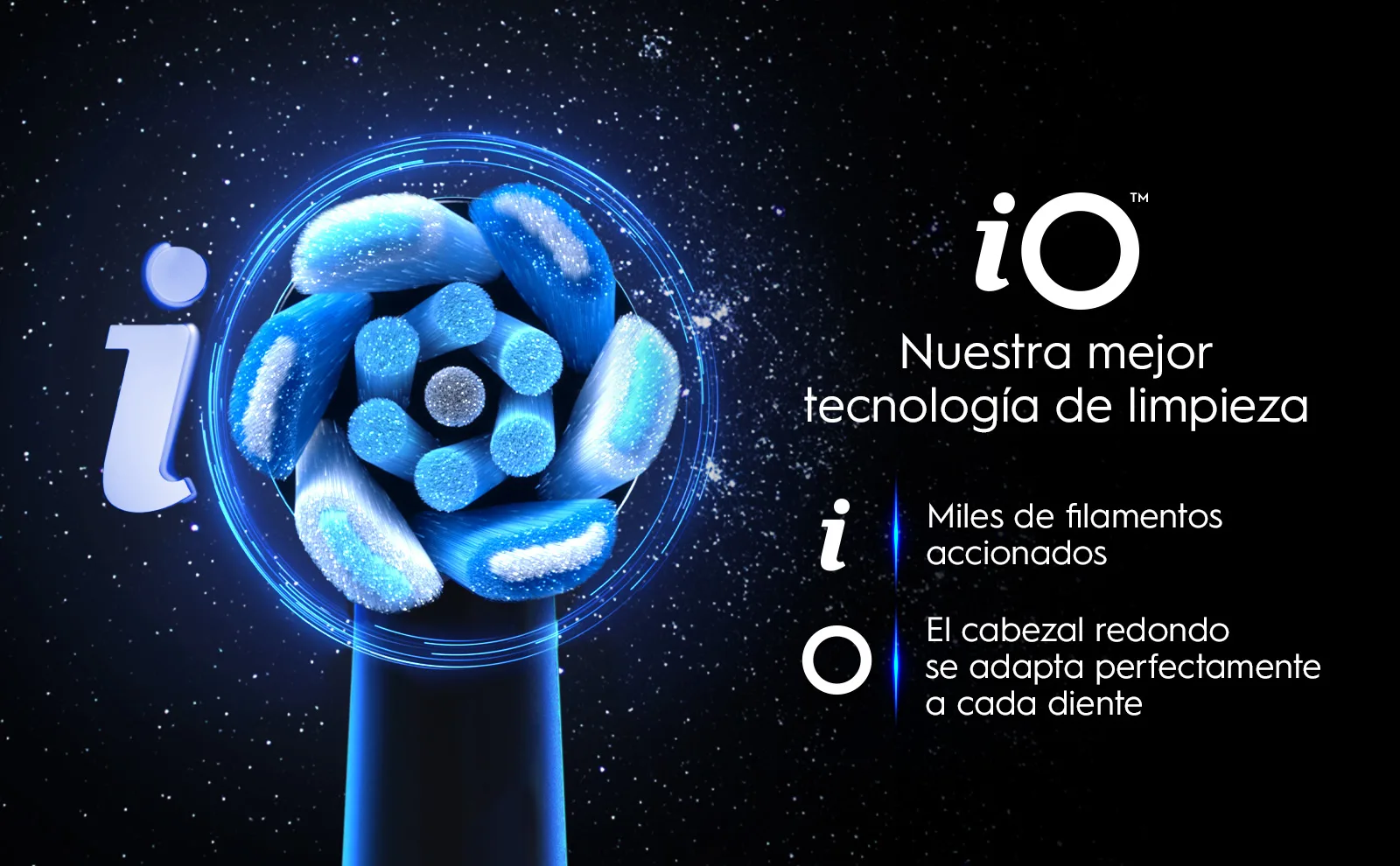 Cabezal redondo de cepillo eléctrico iO con filamentos azules sobre fondo espacial oscuro.