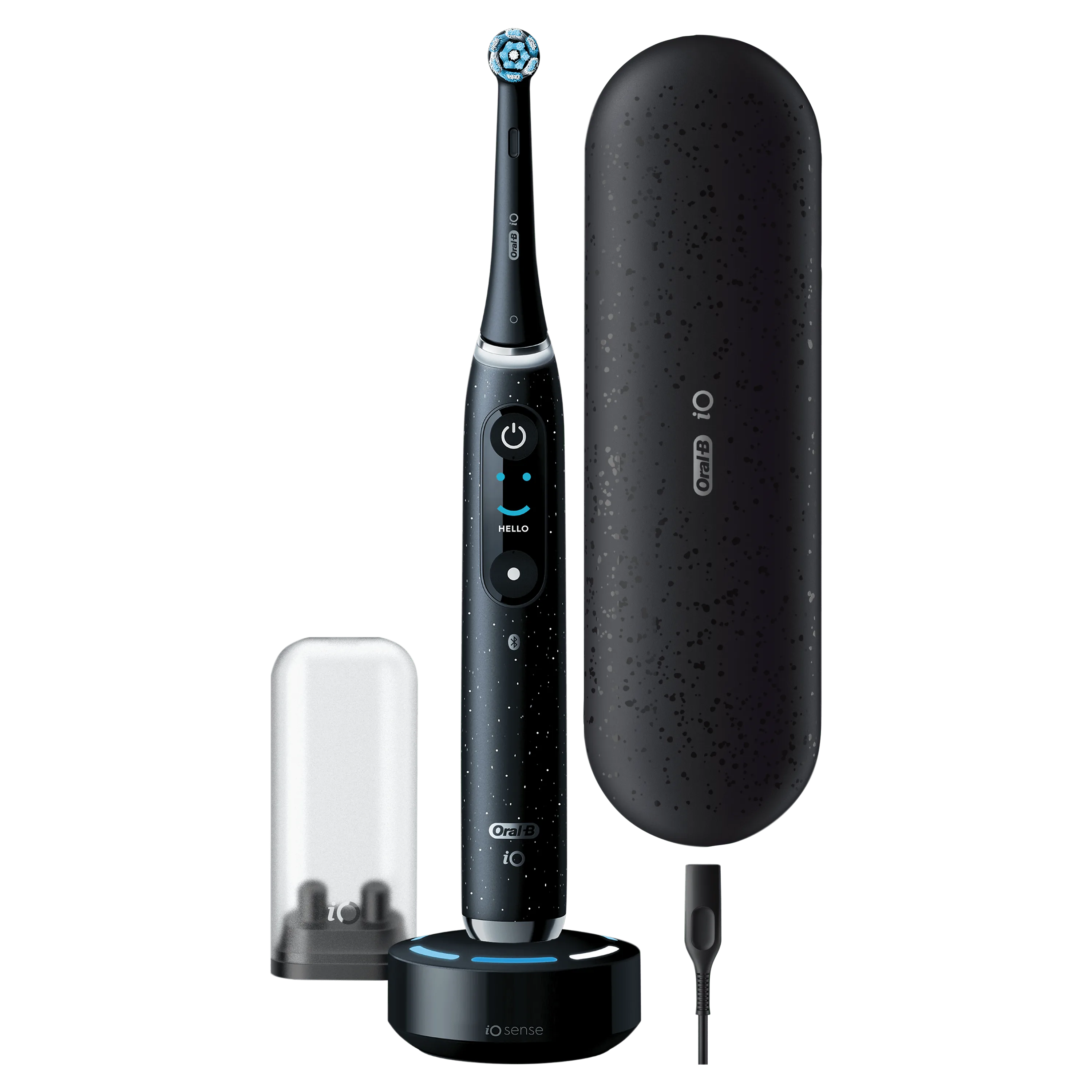 Vista frontal de un cepillo de dientes eléctrico Oral-B iO10 Ultimate color negro con cabezal redondo sobre un cargador de color negro. A la derecha, un estuche para cabezales transparente y estuche de viaje para el cepillo de color negro.
