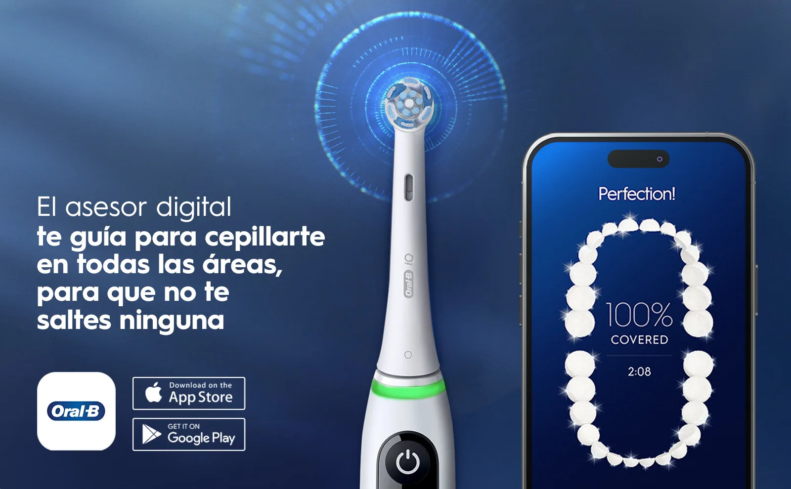 Cepillo Oral-B con asesor digital que guía el cepillado y muestra cobertura dental en app