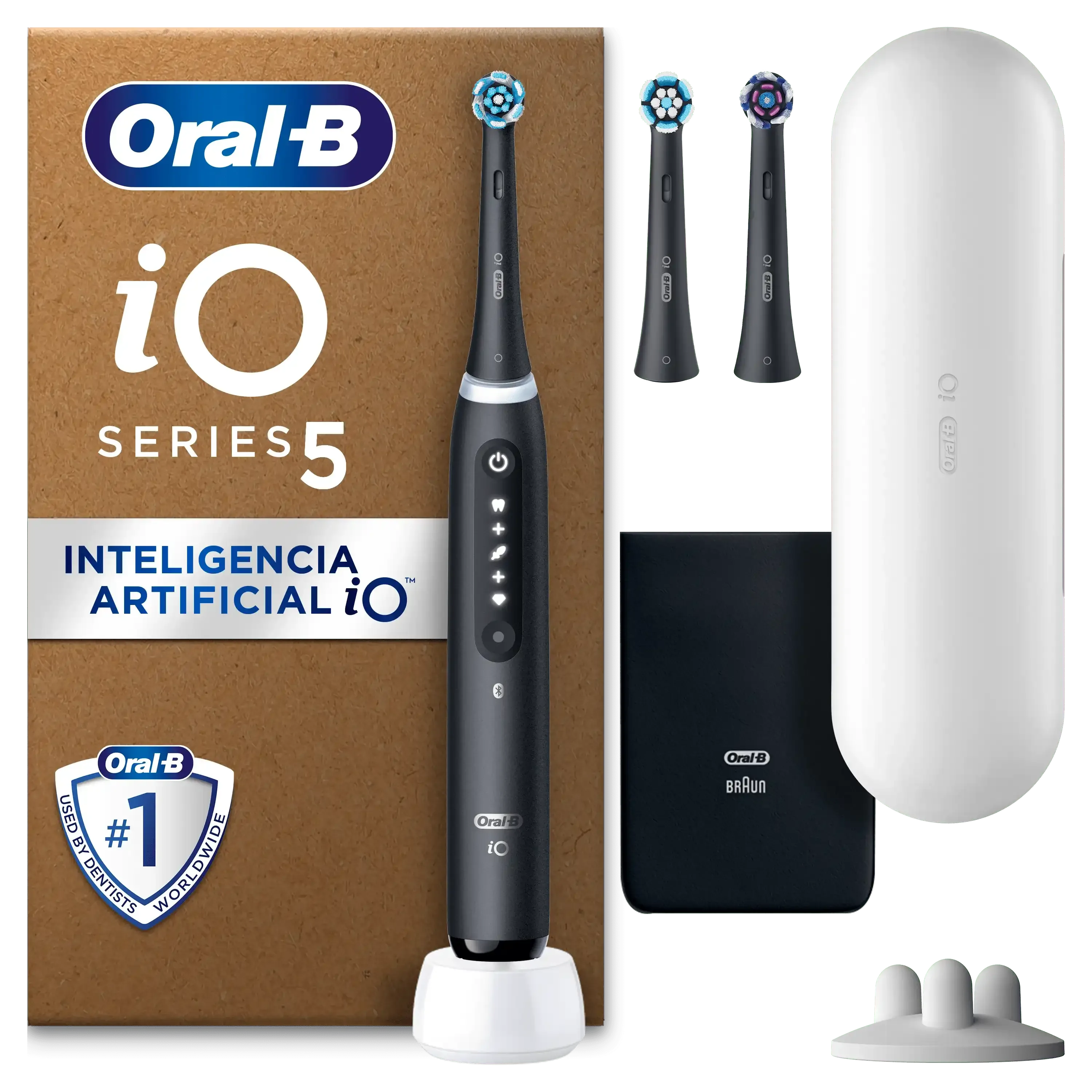 Oral-B iO5 cepillo de dientes eléctrico con su empaque, resaltando 5 modos de limpieza personalizada.