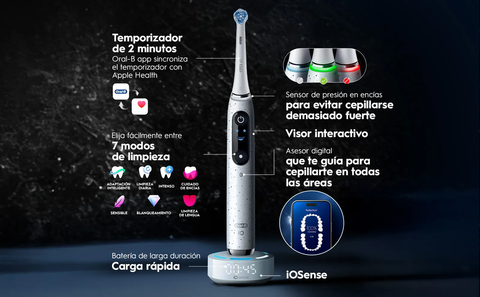 Cepillo eléctrico Oral-B con temporizador, sensor de presión, 7 modos y visor interactivo.
