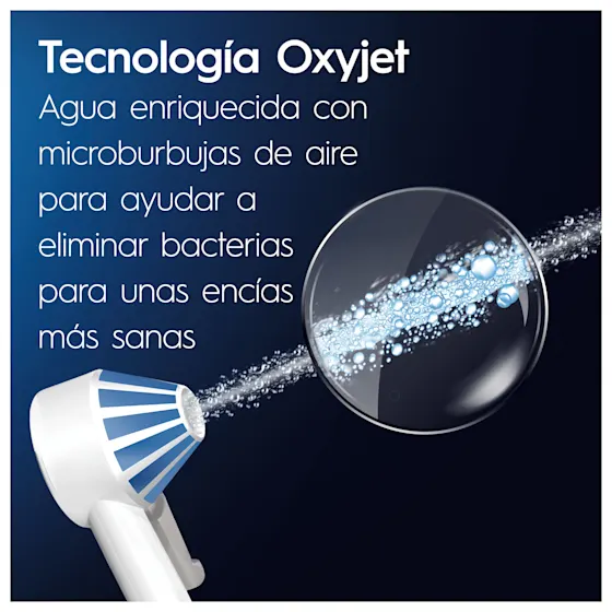 Oral-B Oxyjet: agua con microburbujas, vista con lupa, para eliminar bacterias y lograr encías más sanas.;