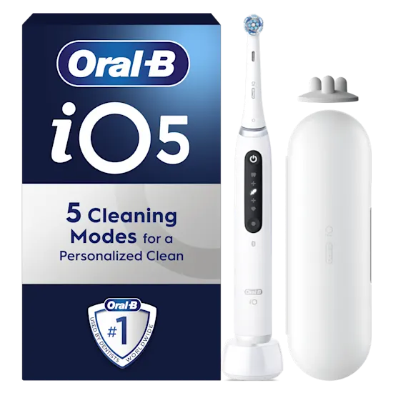 Image of Oral-B iO5 toothbrush packaging, showing 1 white toothbrush handle, 1 refill holder and 1 travel case . Text on image reads “iO Technology” & " Artificial Intelligence"