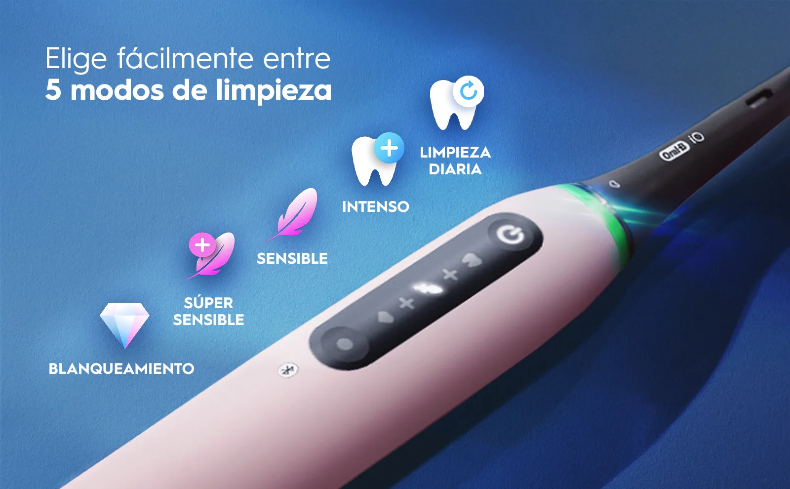Cepillo eléctrico con 5 modos: blanqueamiento, súper sensible, sensible, intenso y limpieza diaria.