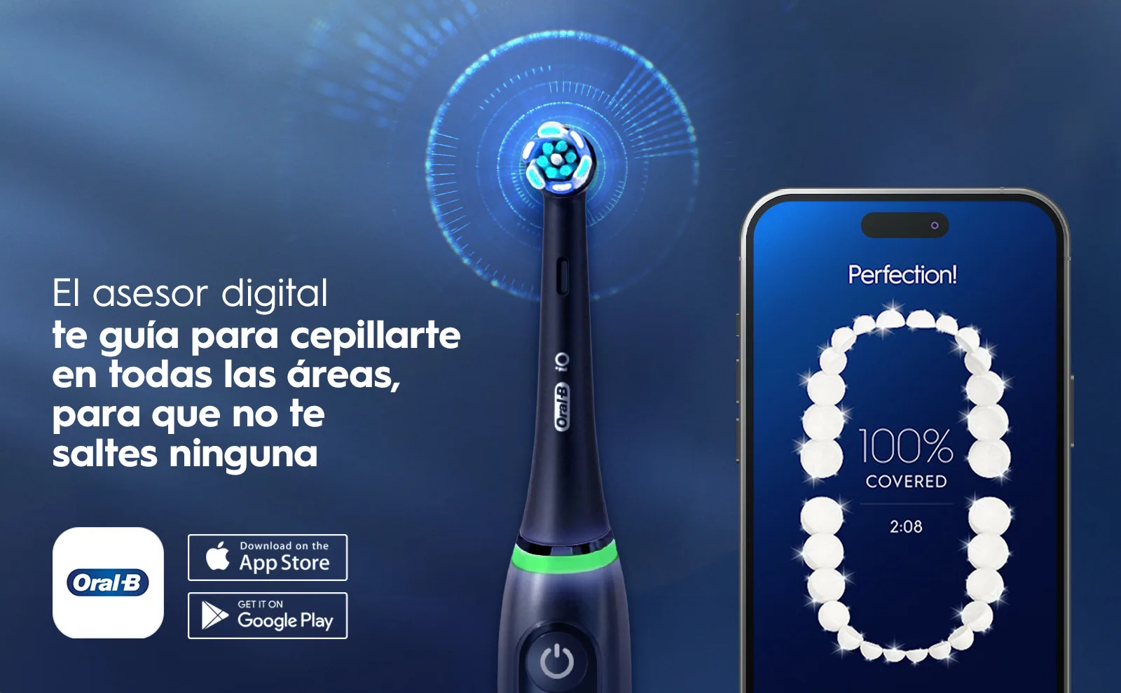 Cepillo Oral-B con asesor digital que guía el cepillado y muestra cobertura dental en app