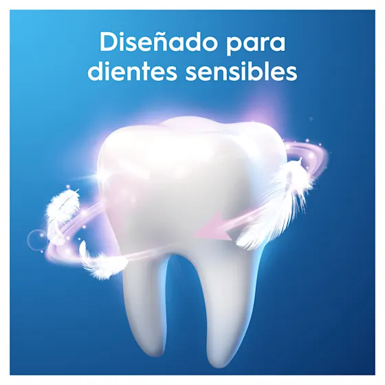 Un diente blanco brillante rodeado de plumas y un halo de luz, ilustrando el cuidado suave para dientes sensibles.