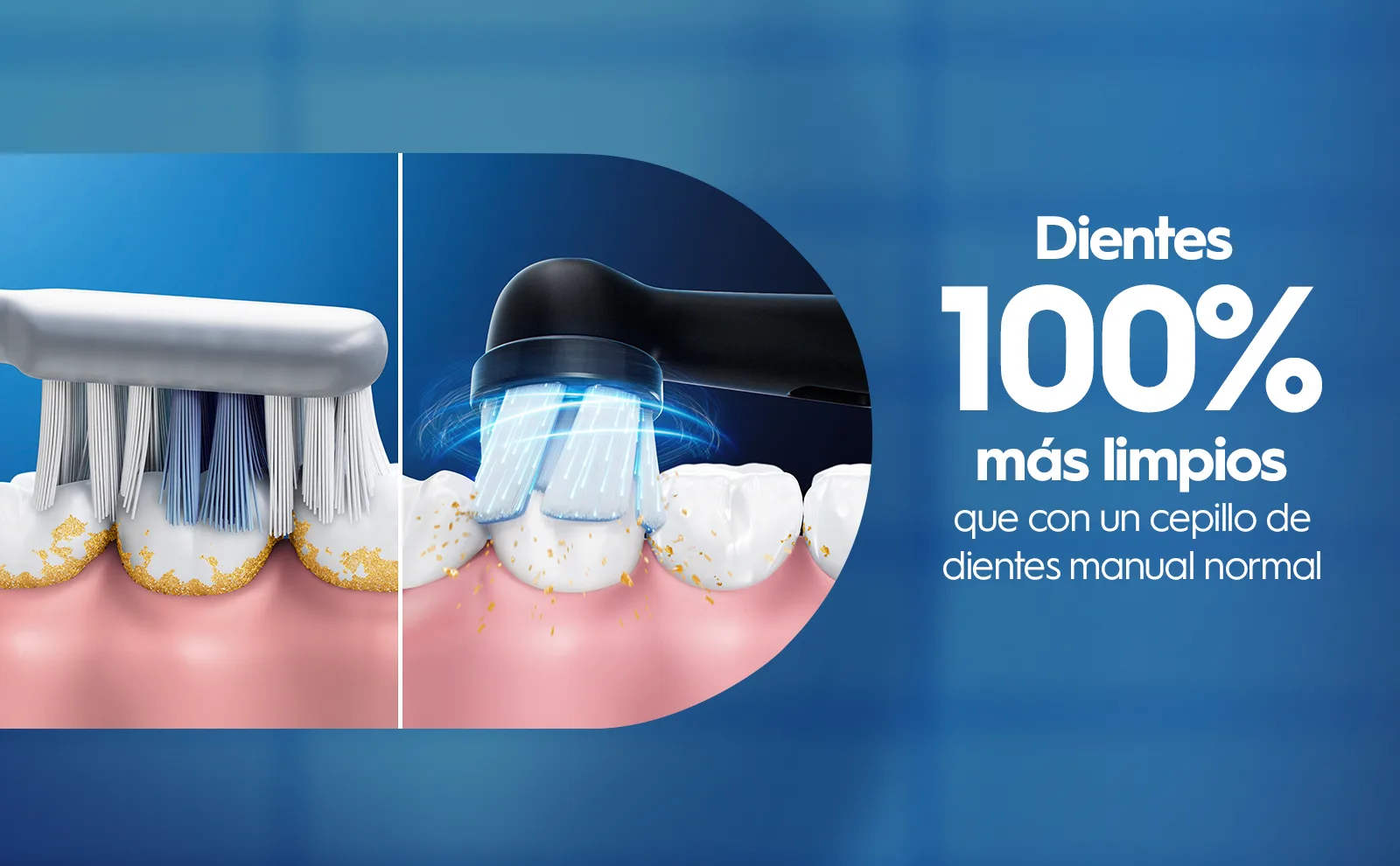Vista de lado a lado de cepillos de dientes eléctrico y manual limpiando dientes.