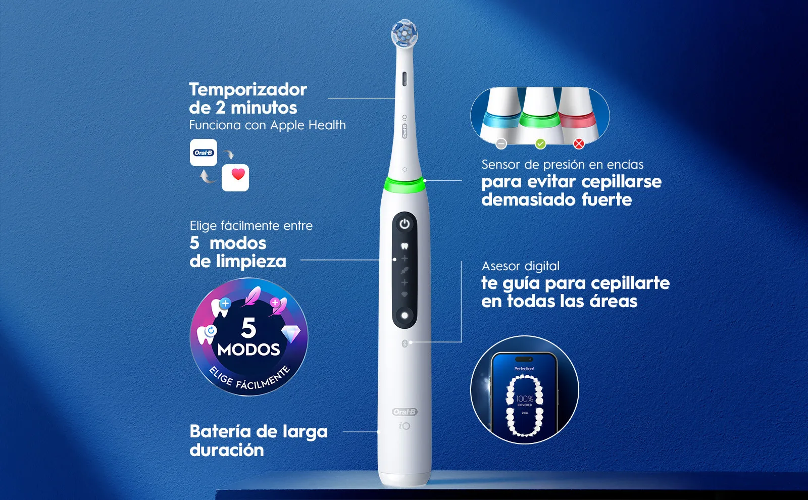 Cepillo eléctrico rosa con 5 modos de limpieza, temporizador y sensor de presión.