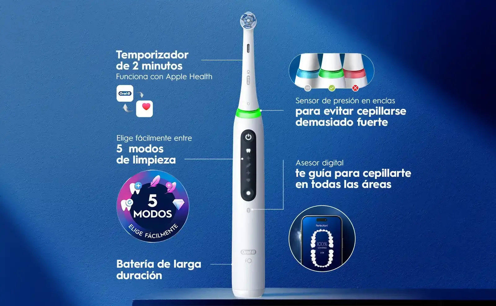 Cepillo eléctrico rosa con 5 modos de limpieza, temporizador y sensor de presión.