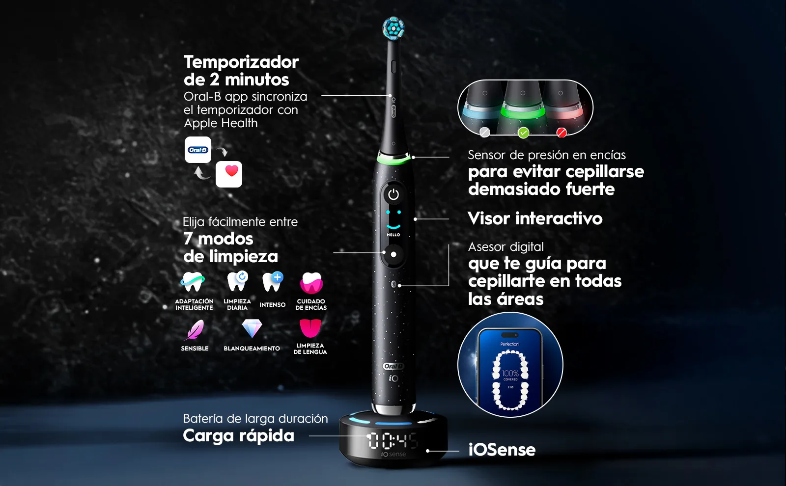 Cepillo eléctrico Oral-B con temporizador, sensor de presión, 7 modos y visor interactivo.