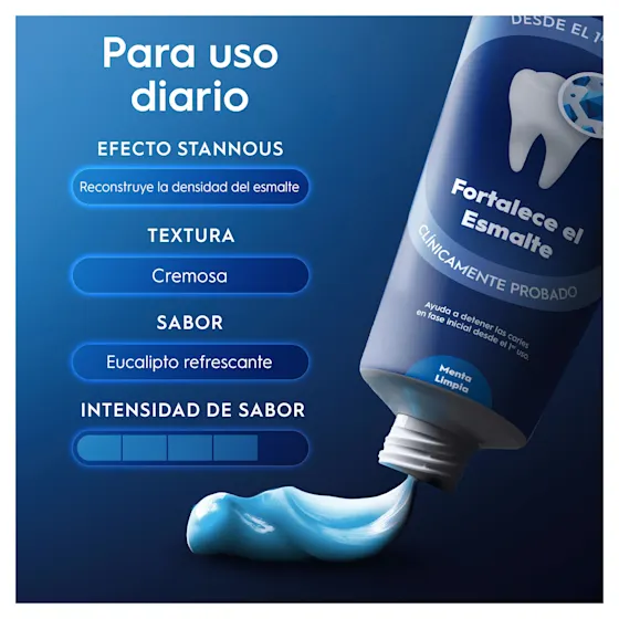 Pasta de dientes Oral-B que fortalece el esmalte, con textura cremosa y sabor a eucalipto refrescante para uso diario.
