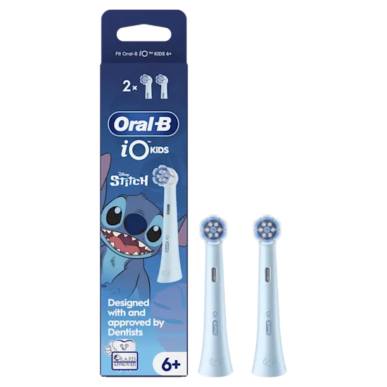 Oral-B iO Kids cabezales de cepillo de dientes con diseño de Stitch de Disney, paquete de 2 unidades para niños de 6 años o más.