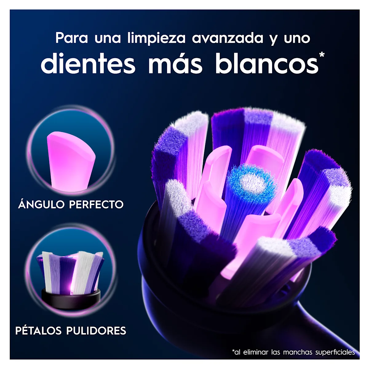 Cabezal de cepillo Oral-B mostrando el "ángulo perfecto" y los "pétalos pulidores" para una limpieza avanzada y dientes más blancos.