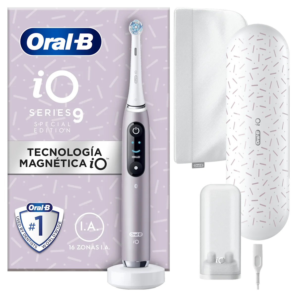 Cepillo de dientes eléctrico recargable iO9 Rosa con 1 cabezal, funda de viaje y estuche magnético