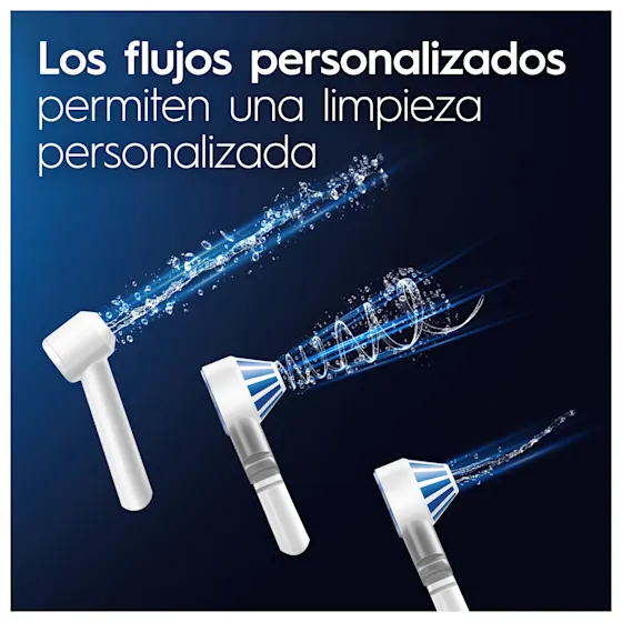 Cabezales de irrigador bucal Oral-B mostrando diferentes flujos de agua, ilustrando una limpieza personalizada y adaptada a las necesidades individuales.;