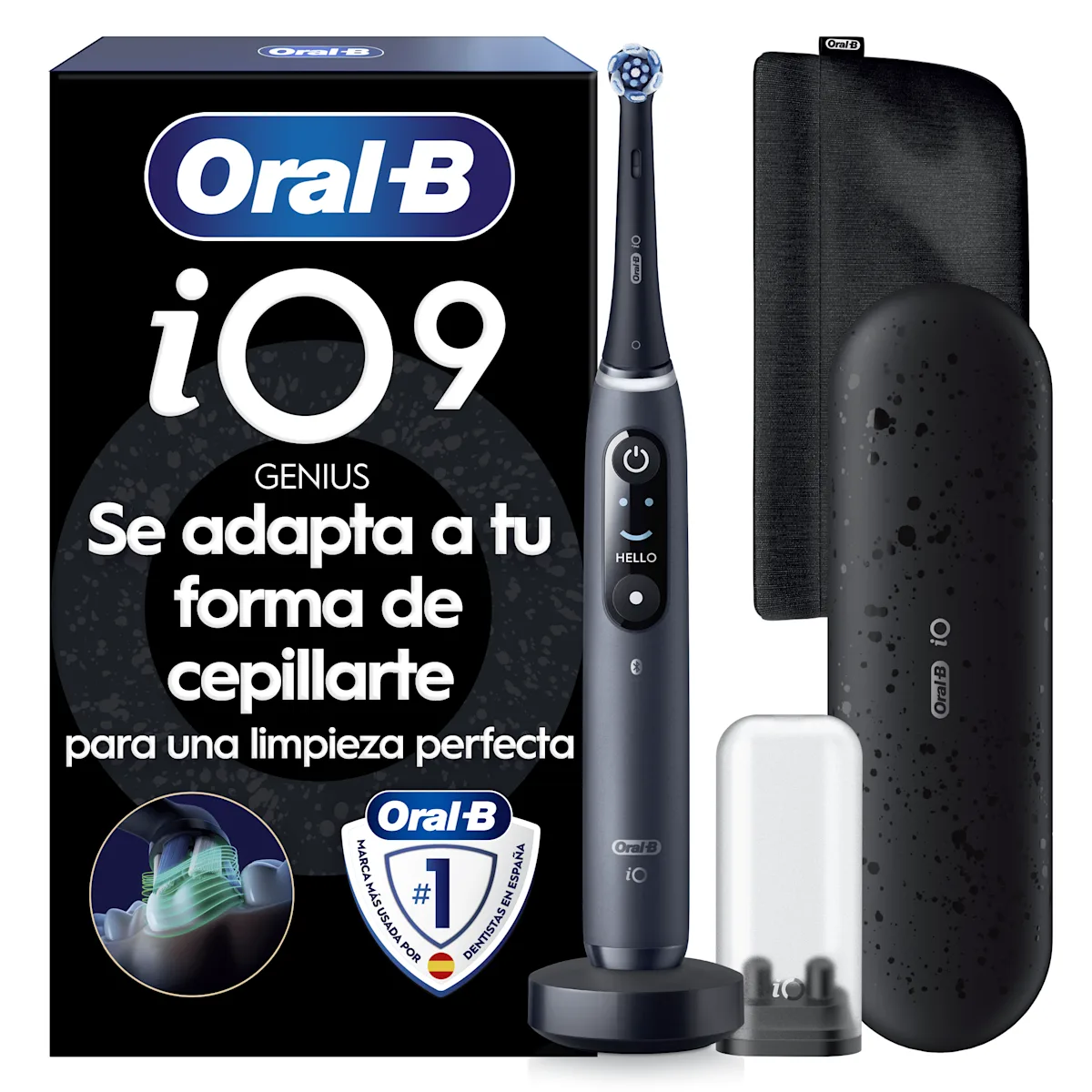 Cepillo de dientes eléctrico iO9 Negro con 1 cabezal y estuche de carga de viaje y carga rápida
