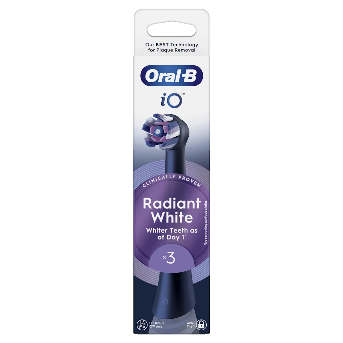 Cabezales de recambio Oral-B iO, paquete de tres, mostrando el diseño único de filamentos circulares con filamentos morados y azules.