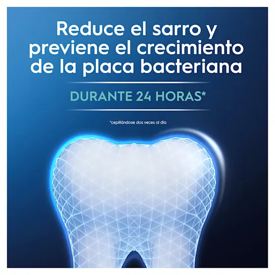 Diente protegido con Oral-B, mostrando reducción del sarro y prevención del crecimiento de la placa bacteriana durante 24 horas.