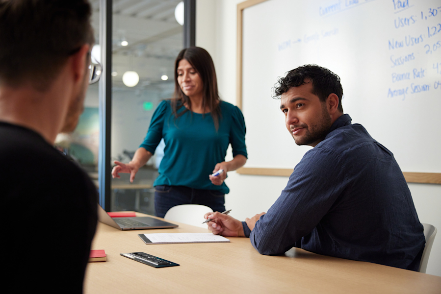 Marketing meeting with 3 people in board room