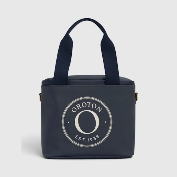 Navy lunch bag with the Oroton logo