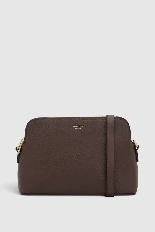 Iris Double Zip Crossbody in coffee bean pebbled leather