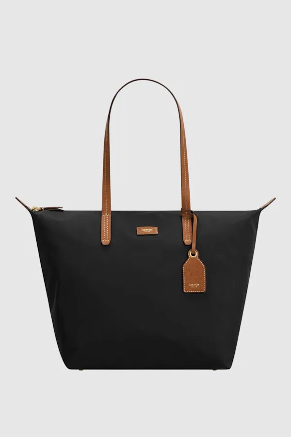 Lilly Nylon Lightweight Tote in black nylon with cognac leather handles