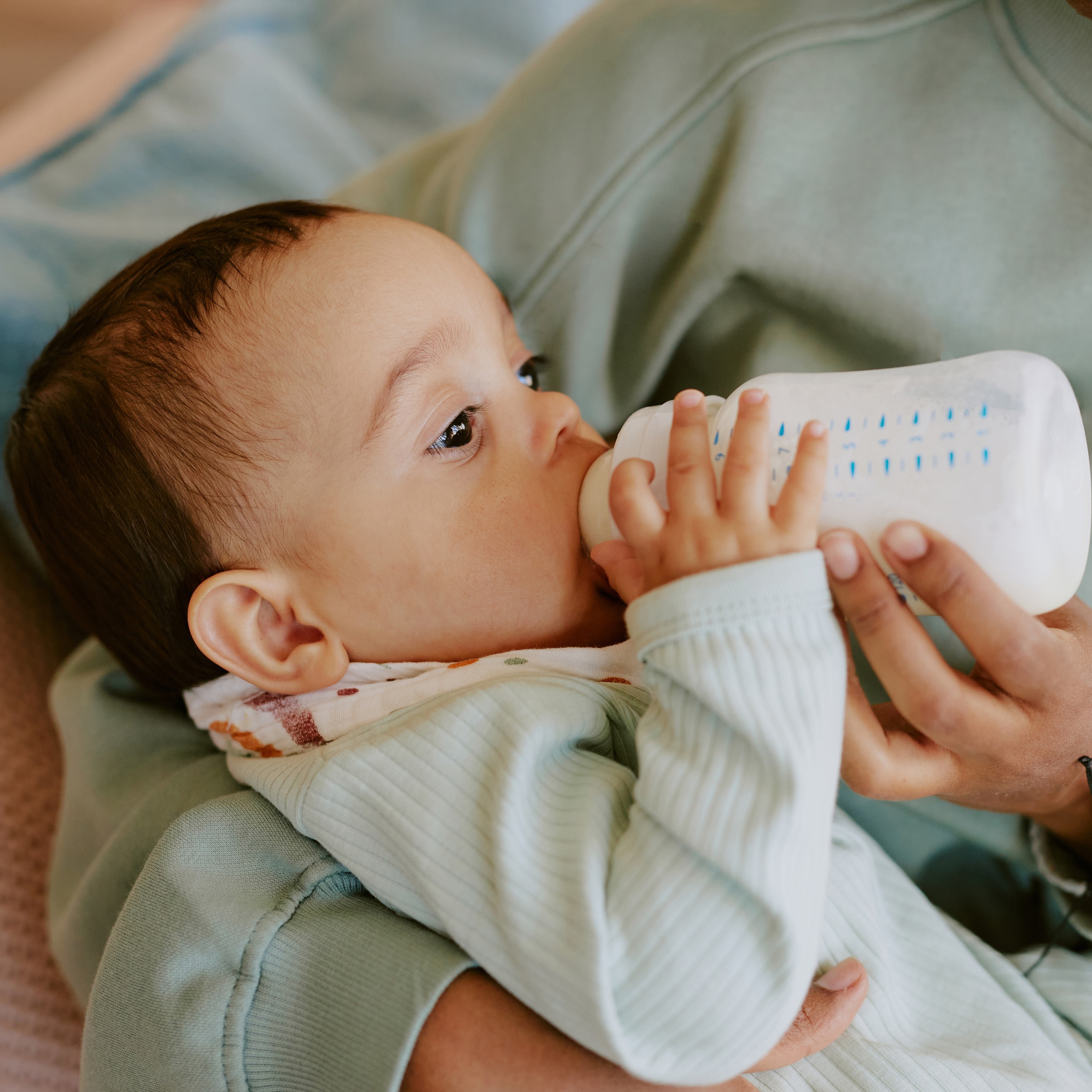 Baby drinking formula from a bottle