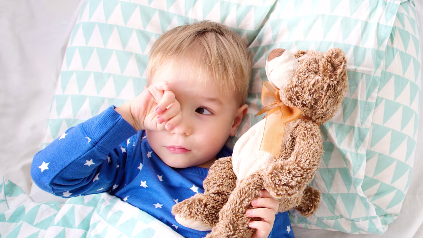 Toddler laying in bed awake holding teddy bear