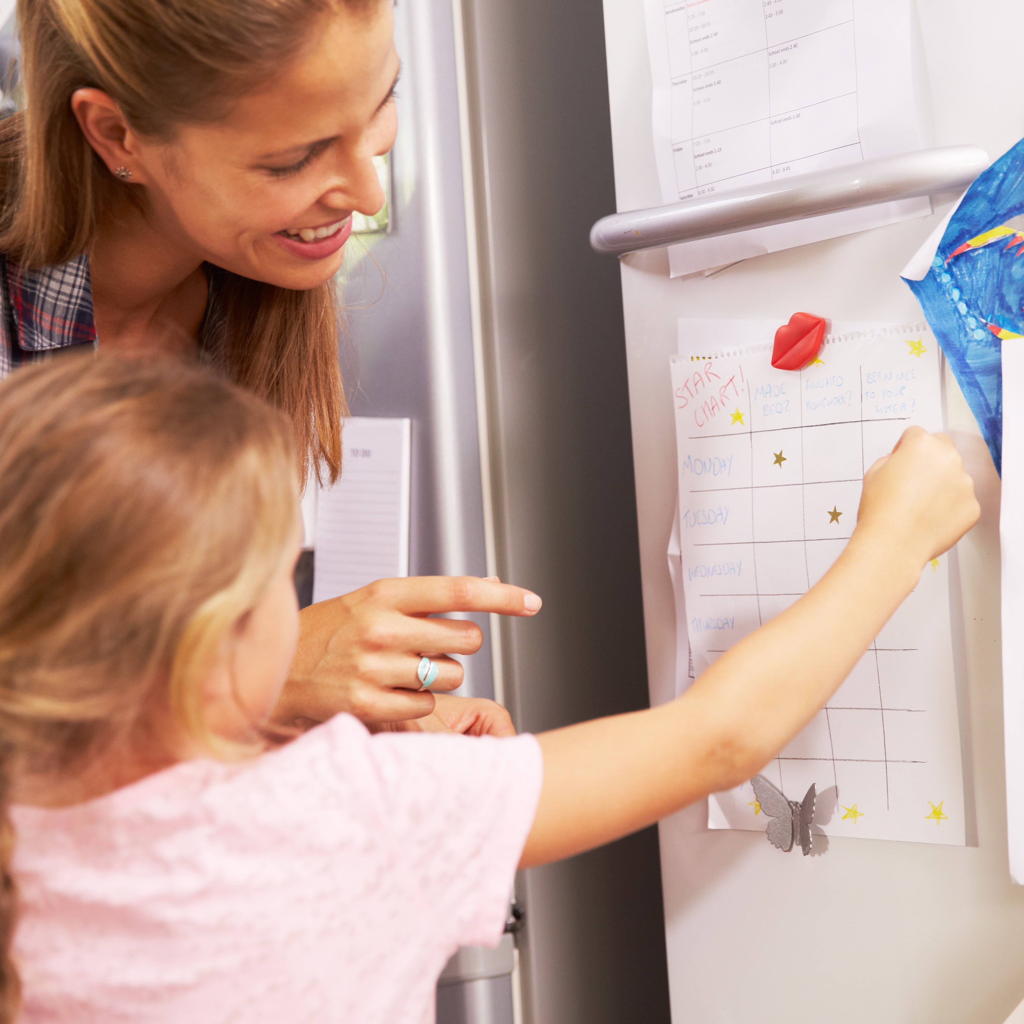 Mom and daughter doing a sticker chart