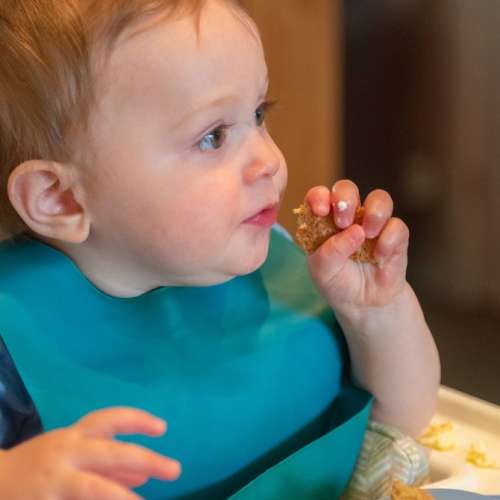 A baby eating in a high chair.