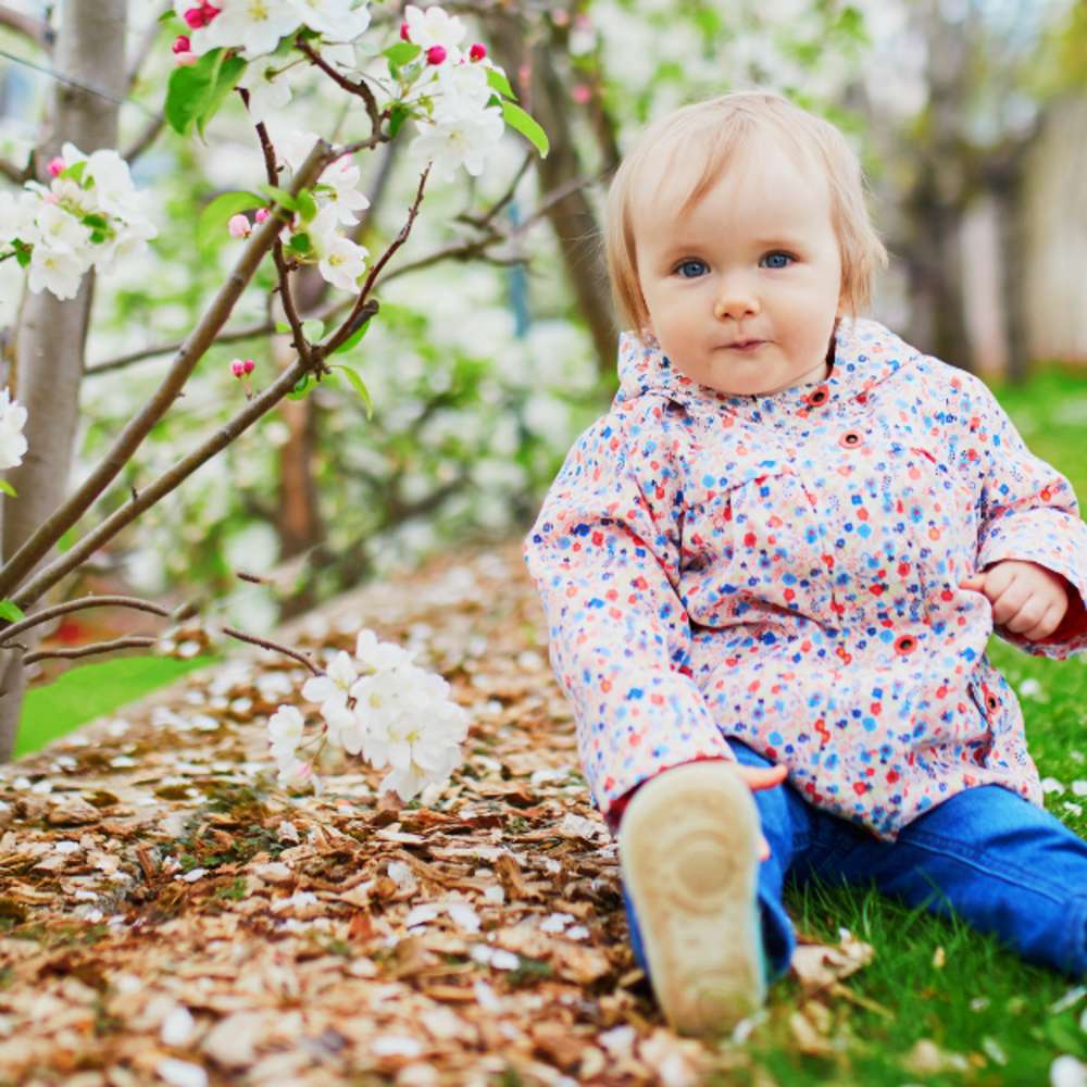 Baby sitting on grass near bloomed flowers