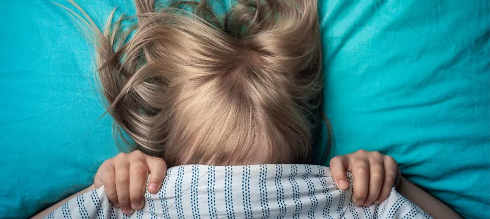 A child in blue, plaid pajamas cuddling a stuffed animal.